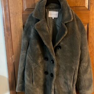 New Rebecca Minkoff Faux Fur Wool Coat Double Breasted Green L $398 NWT